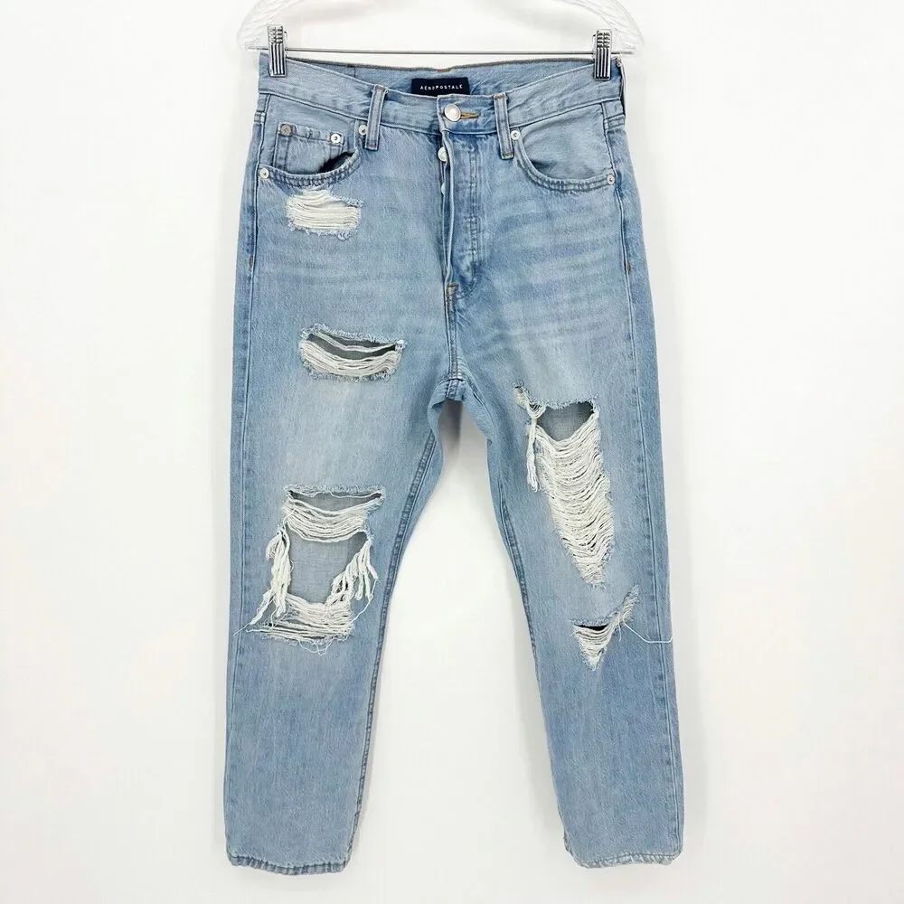 Aeropostale‎ Straight Jeans Size 8 Women 90’s Super High Rise Destroyed Button